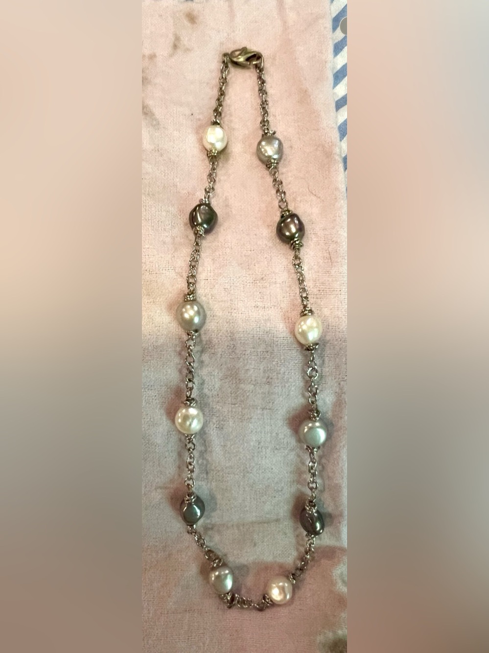 Black, Grey and White Pearl Necklace on Silver Chain